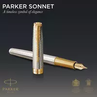 Kép 5/8 - Parker Royal Sonnet Deluxe Töltőtoll 925 Ezüst Mistral Arany klipsz 18 Karátos arany F-es hegy