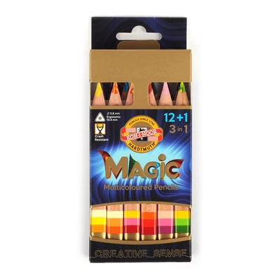 KOH-I-NOOR 3404N MAGIC SZÍNES VARÁZSCERUZA/12+1 HÁROMSZÖGLETŰ VASTAG NATÚR LAKKOZOTT TEST AJÁNDÉK RADÍRRAL ÉS HEGYEZŐVEL (10.4MM)