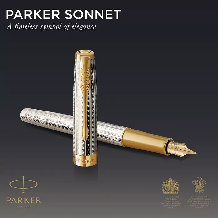 Parker Royal Sonnet Deluxe Töltőtoll 925 Ezüst Mistral Arany klipsz 18 Karátos arany F-es hegy